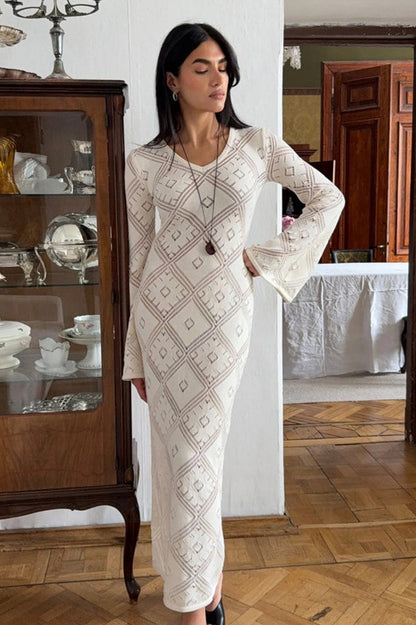 Vestido maxi de punto argyle jacquard de manga larga