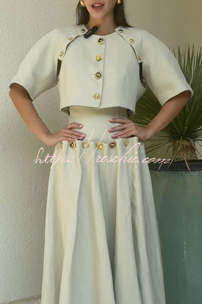 Custom Look Linen Blend Unique Metal Pattern Buttons Lace-up Waist Crisp Hem Maxi Skirt