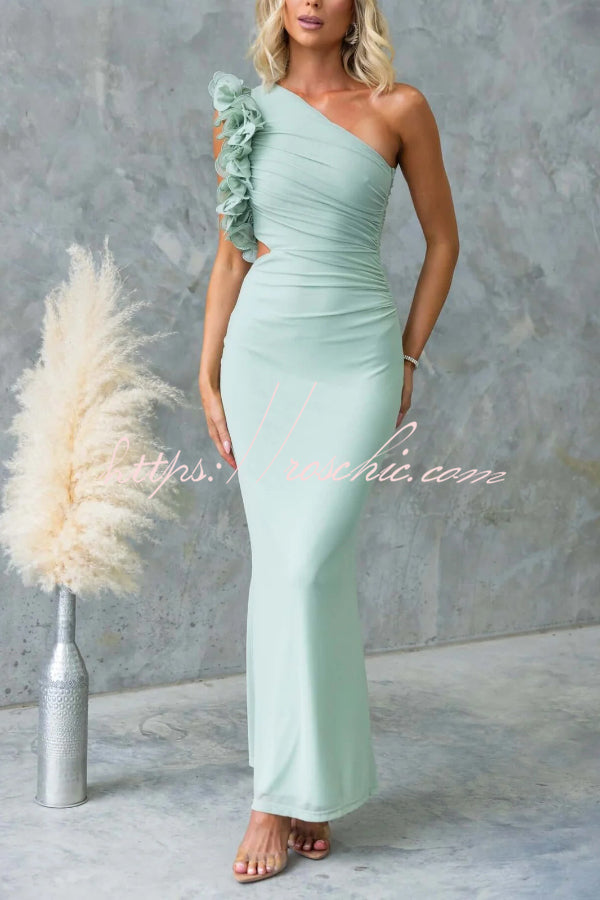 Fashionable Mesh Sleeveless One-shoulder Waist-revealing Maxi Dress