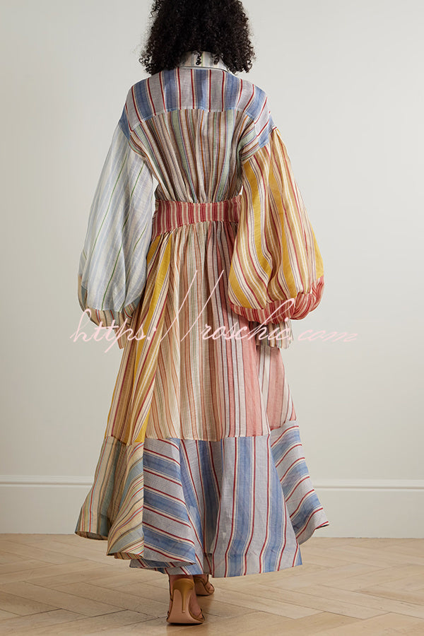 Rainbow Linen Blend Patchwork Striped Button Balloon Sleeve Wrap Shirt Midi Dress