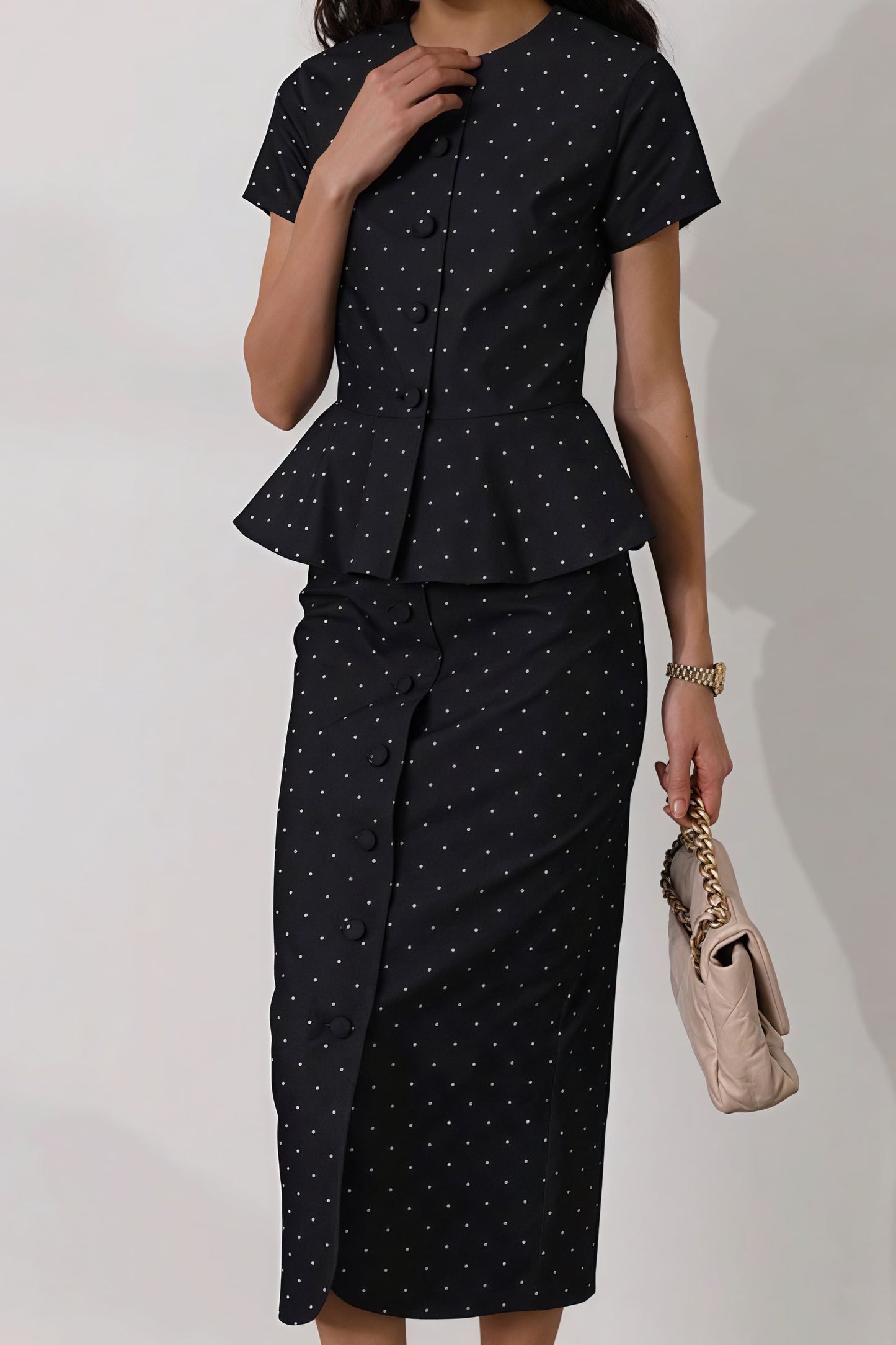Polka Dot Print Short Sleeve Bodycon Skirt  Set