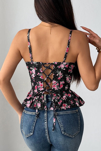 Top de tirantes con volantes irregulares y lazo con estampado floral