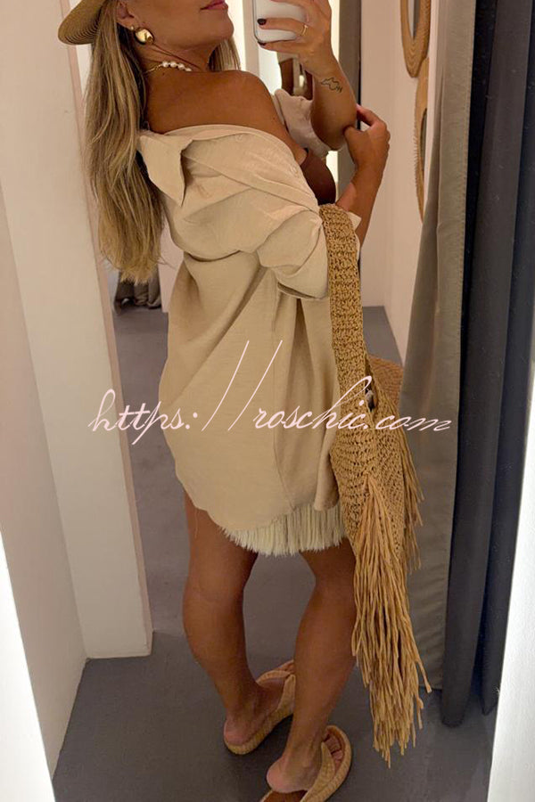Sorena Linen Blend Button Up Long Sleeve Midi Blouse and Tassel Trim Warp Cover-up Mini Dress Set