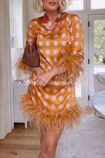 Playful and Cute Satin Polka Dot Print Half Sleeve Feather Trim H-line Mini Dress