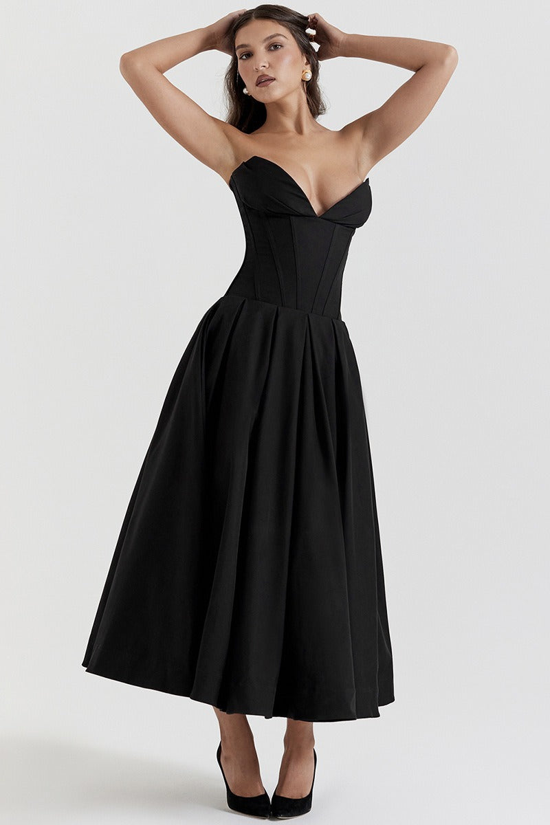 Vestido de fiesta con corsé sin tirantes y corte A