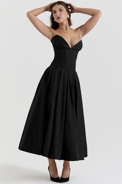 Vestido de fiesta con corsé sin tirantes y corte A