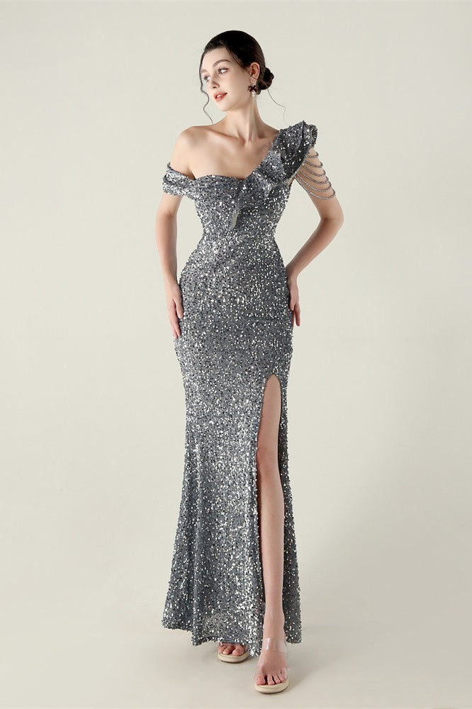 Vestido de fiesta formal con volante y un solo hombro drapeado
