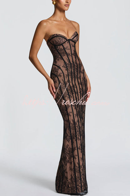 Sian Floral Lace Contrast Structural Detail Back Lace-up Strapless Slit Maxi Dress