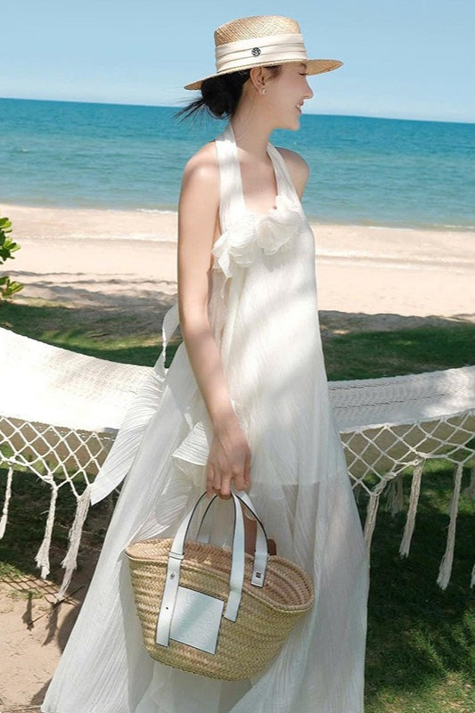 Vestido maxi halter elegante entallado con flores 3D