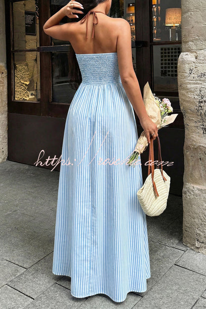 Striped Print V-Neck Sleeveless Backless Holiday Maxi Dress