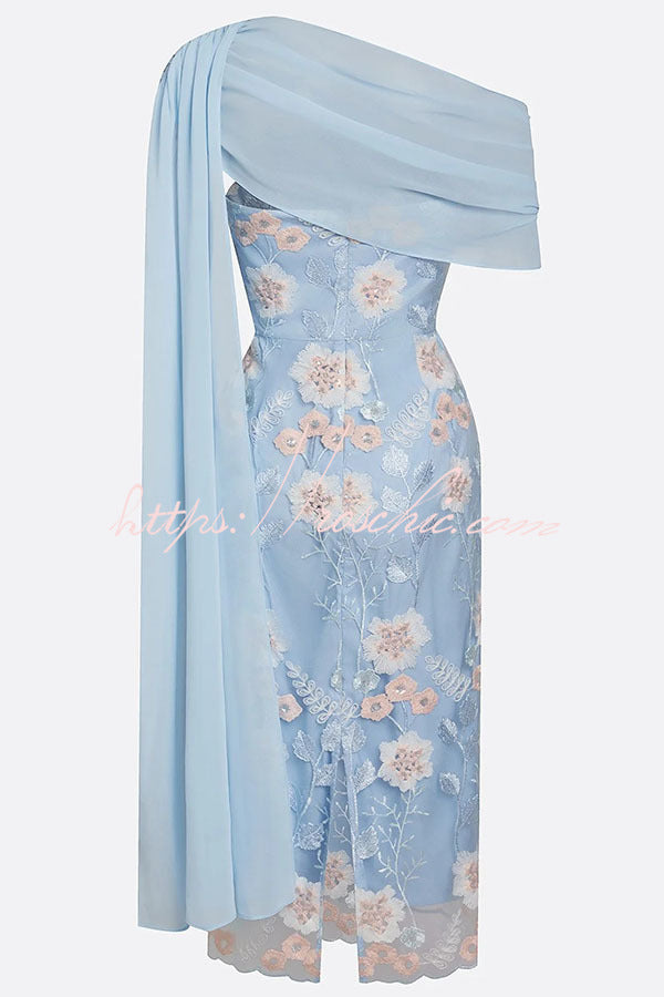 Ellie Ruched Drape Tulle One Shoulder Floral Embroidery Party Midi Dress