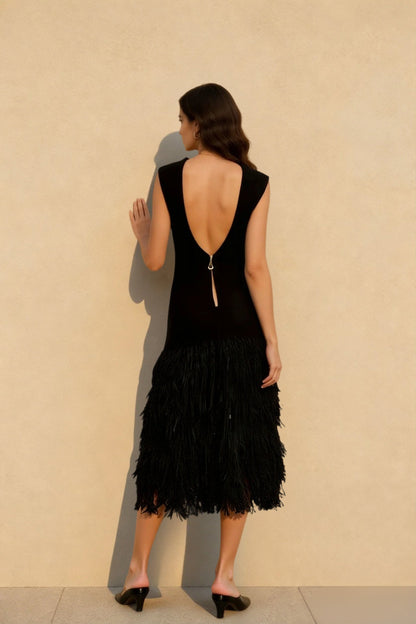 Solid Raffia Panel Knit Midi Chic Cocktail Dress