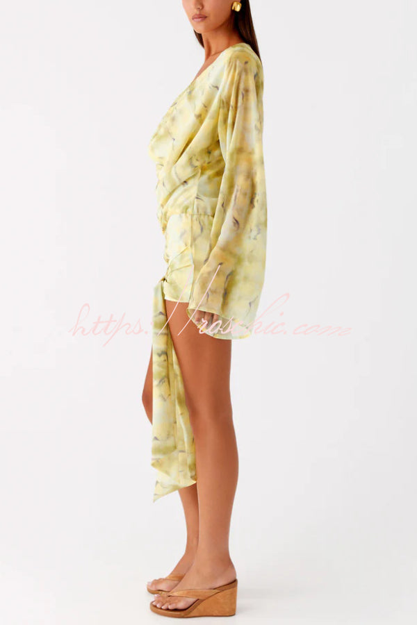 Tie-dye Print V-neck Long-sleeved Ribbon Vacation Mini Dress