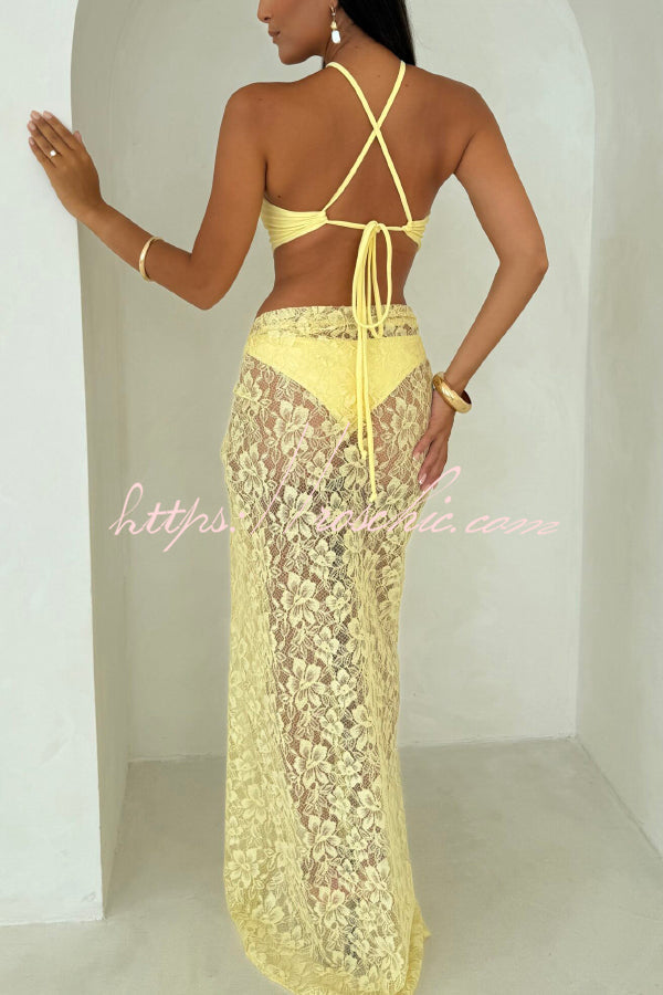 Solid Color Halter Neck Tie Stretch Two-piece Bikini Swimsuit and Sheer Lace Holiday Maxi Skirt Set