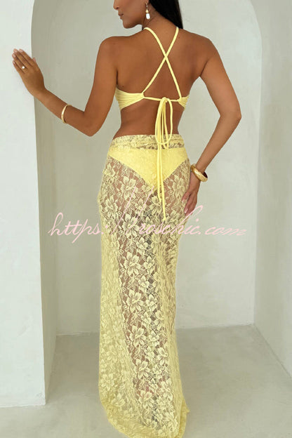 Solid Color Halter Neck Tie Stretch Two-piece Bikini Swimsuit and Sheer Lace Holiday Maxi Skirt Set