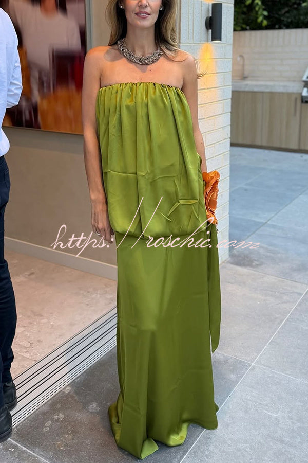Simple Elegant Satin Voluminous Floral Detail Strapless Top and Elastic Waist Drape Maxi Skirt Set