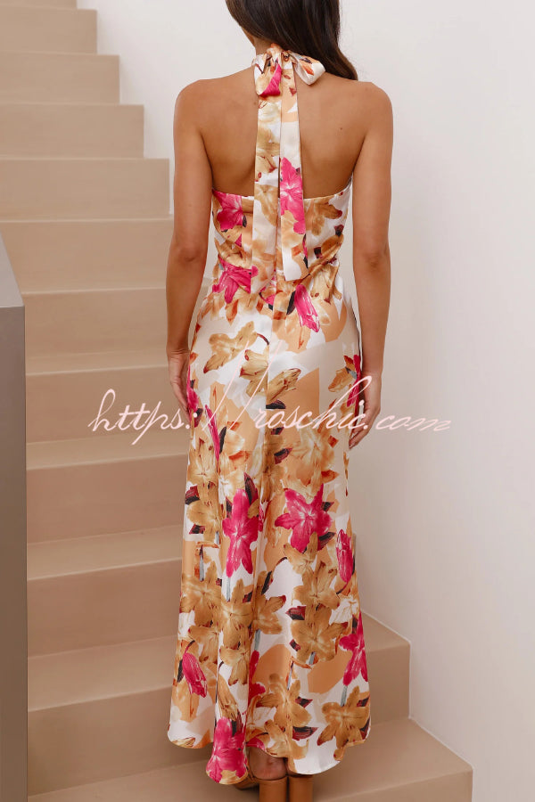 Floral Print Sleeveless Halter Neck Tie Holiday Maxi Dress