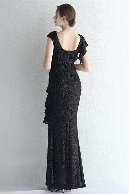 Vestido de gala de sirena con purpurina, cuello alto y abertura