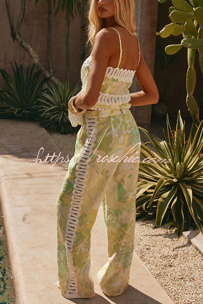 Summer Elegant Printed Curved Crochet Trim Camisole Top and Elastic Waist Casual Pocket Wide-leg Pants Set