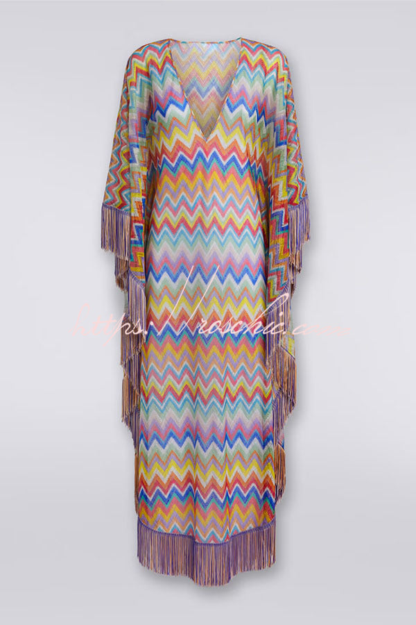 Casie Knit Colorful Zigzag Pattern Fringe Trim Cover-up Vacation Maxi Dress