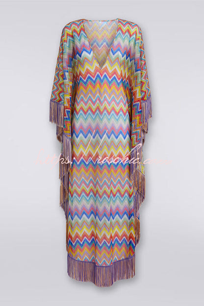 Casie Knit Colorful Zigzag Pattern Fringe Trim Cover-up Vacation Maxi Dress