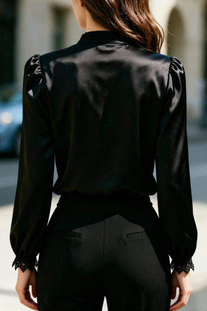 Solid Color Satin Lace Patchwork Casual Long-sleeved Shirt