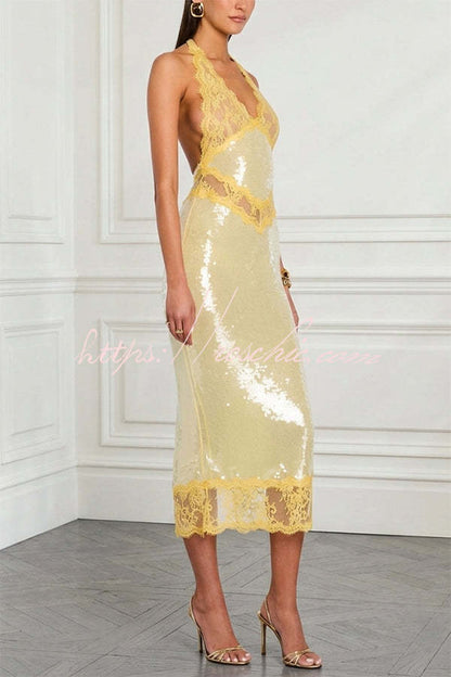Vicky Sequin Floral Sheer Lace Trim Halter Pencil Midi Dress