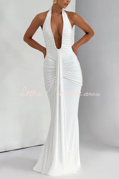 Solid Color Elegant Halterneck V-neck Open Back Tie Gathered Maxi Dress