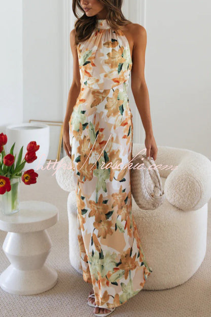 Floral Print Sleeveless Halter Neck Tie Holiday Maxi Dress