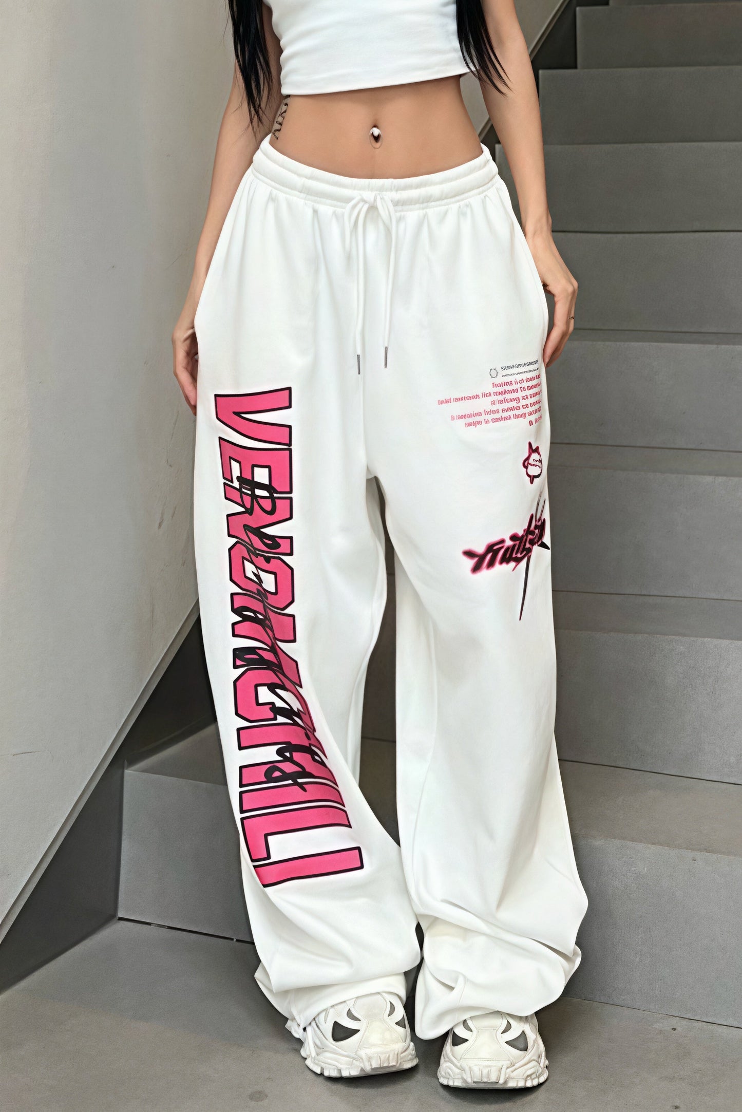 Pantalones Anchos Drapeados con Estampado Hip Hop