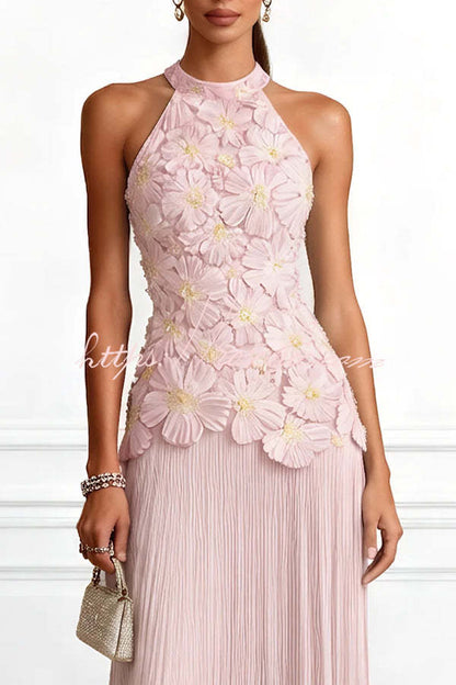 Emilie 3D Floral Embroidery Pleated Chiffon Hem Halter Neck Sleeveless Maxi Dress