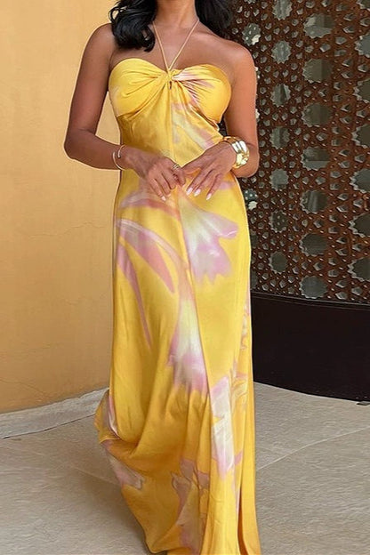 Vestido maxi de playa sin espalda, sin tirantes y estampado