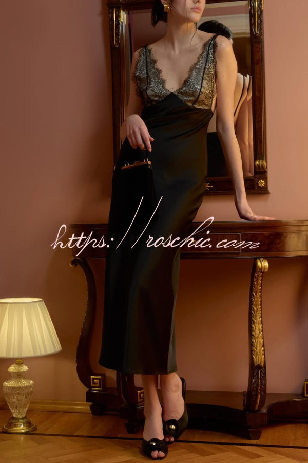 Fashionable Satin Lace Patchwork Spaghetti Strap Backless Elegant Slim-fit Maxi Dress