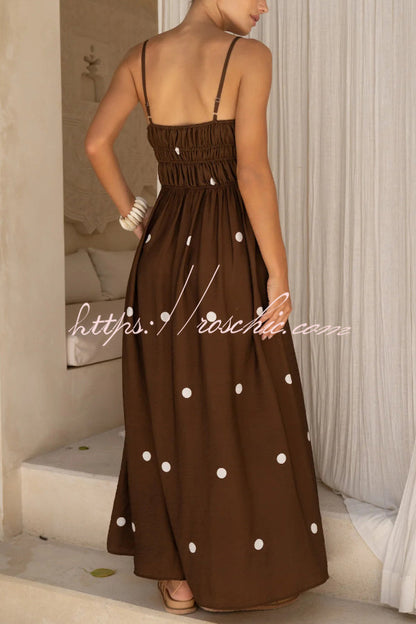 Polka Dot Print Spaghetti Strap Pleated Waist Casual Pocket Maxi Dress