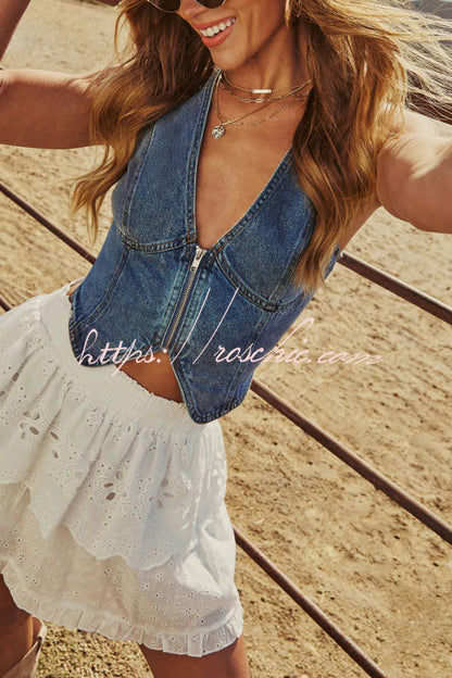 Stylish V-neck Sleeveless Slim-fit Zip-up Denim Vest