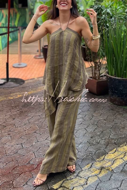 Striped Printed Halter Neck Sleeveless Asymmetrical Top and Elastic Waist Pocket Casual Wide-leg Pants Set