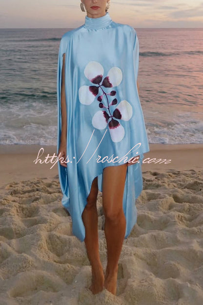 Luisa Satin Floral Print Pleated High-neck Batwing Cutout Sleeve Loose  Cape Mini Dress