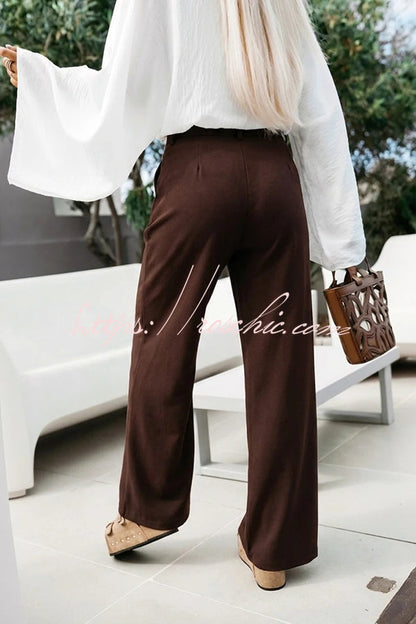 Mezcal High Rise Metal Buckle Elastic Waist Belt Slit Wide Leg Pants
