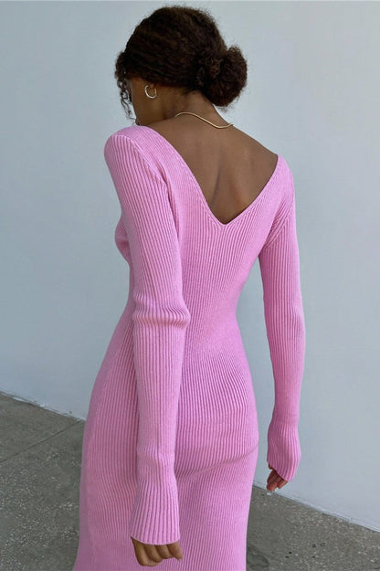Vestido de suéter de punto acanalado de manga larga