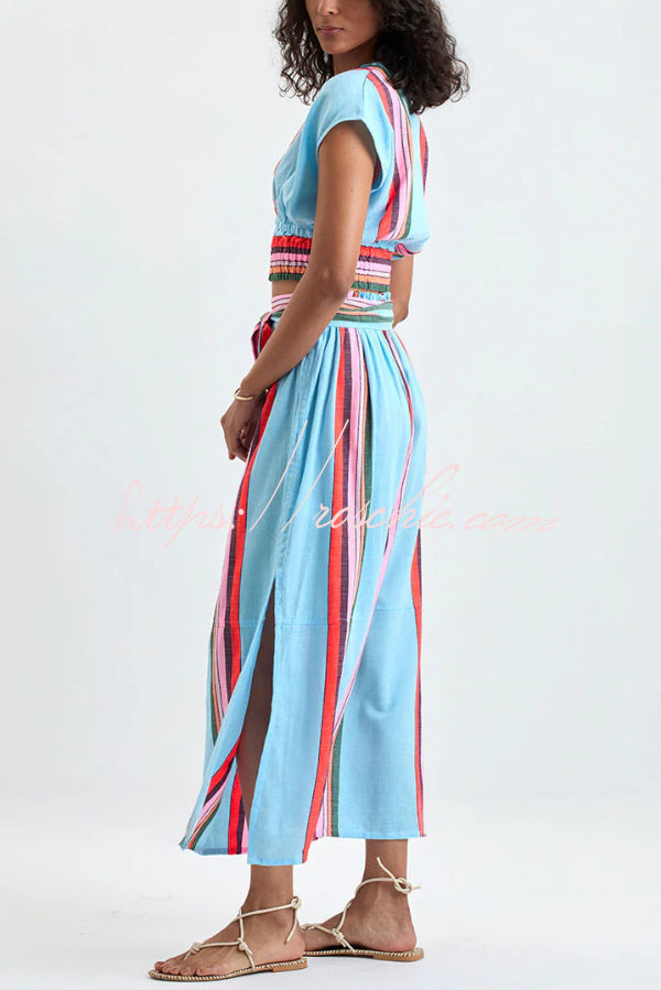 Stylish Striped Print V-neck Cropped Top and Elastic Waist Casual Maxi Skirt Set
