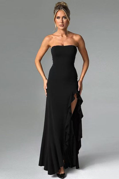 Vestido formal con bustier con volantes y abertura lateral