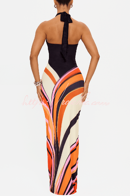 Summer Newness Colorblock Swirl Print Halter Neck Stretch Maxi Dress