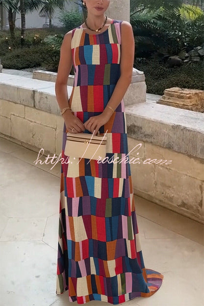 Retro Chic Linen Blend Colorful Color Block Plaid Round Neck Sleeveless Maxi Dress