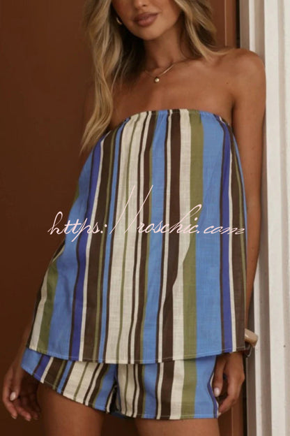 Unique Printed Sleeveless Off-shoulder Loose Top and Elastic Waist Casual Pocket Shorts Set
