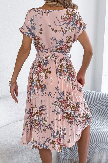 Floral Print Round Neck Fitted Waist Tie Pleated Midi Dress