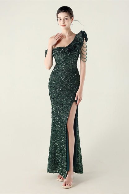 Vestido de fiesta formal con volante y un solo hombro drapeado