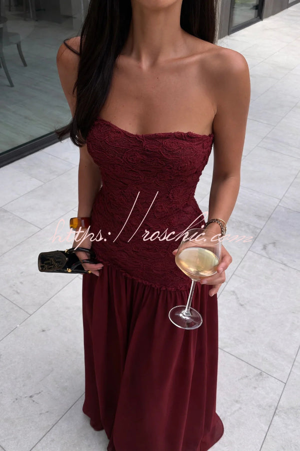 Stylish Three-dimensional Floral Chiffon Patchwork Strapless Elegant Maxi Dress