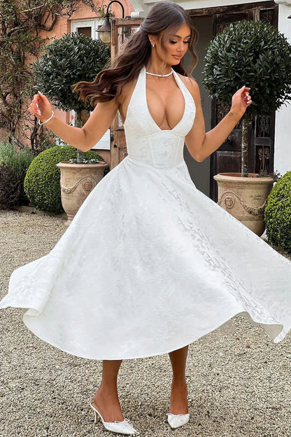 Vestido de fiesta jacquard con cuello halter en V