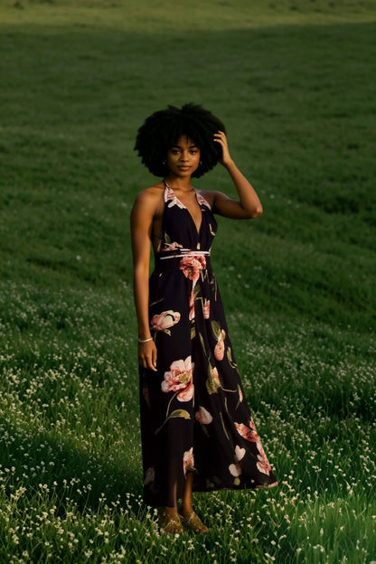 Summer Floral  Pleated Backless Robe Evenning- Midi Dresses