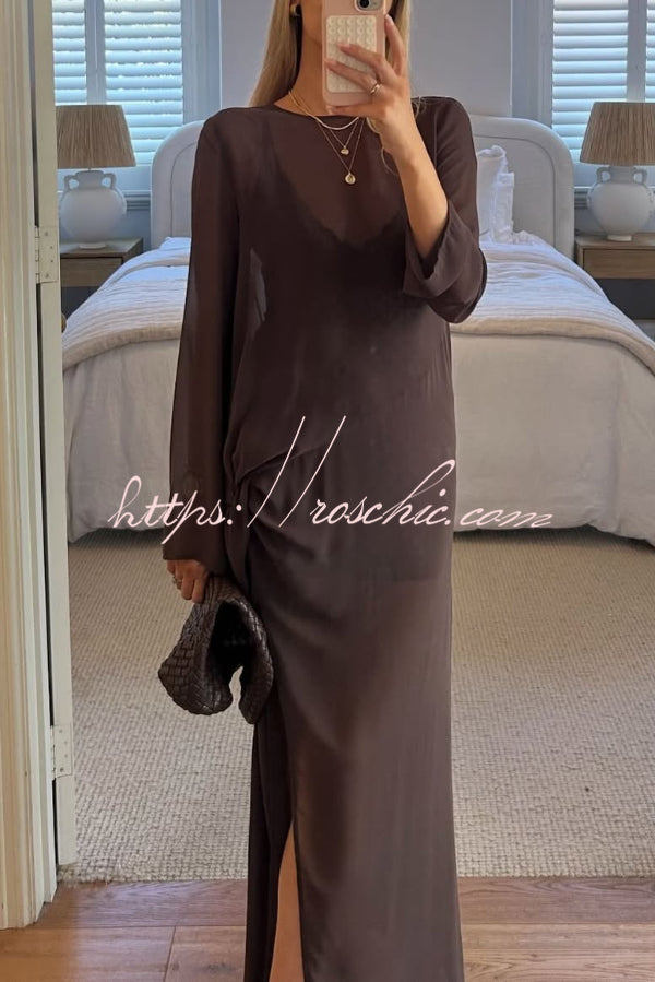 Fashionable Mesh See-through Round Neck Long Sleeve Tie Bow Slit Maxi Dress
